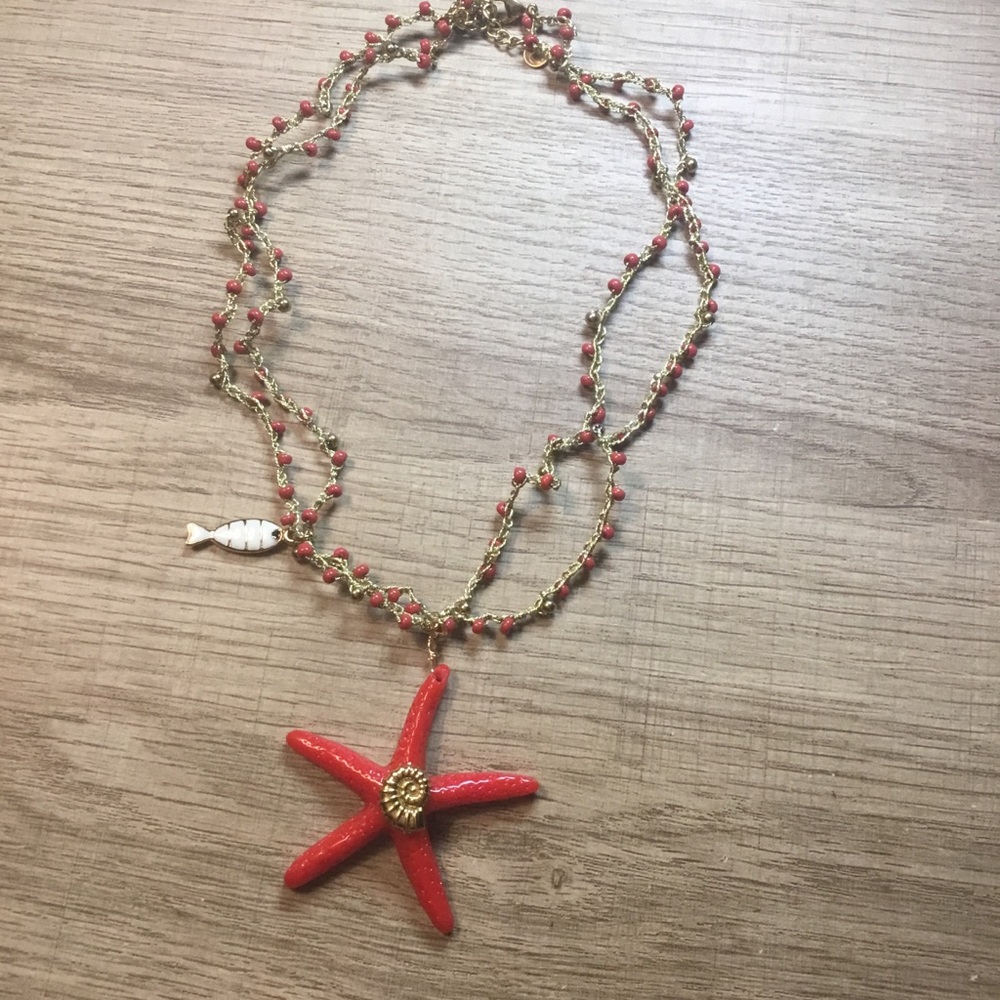 Red Gold Starfish Pendant Shell Fish Beach Layered Beaded Necklace